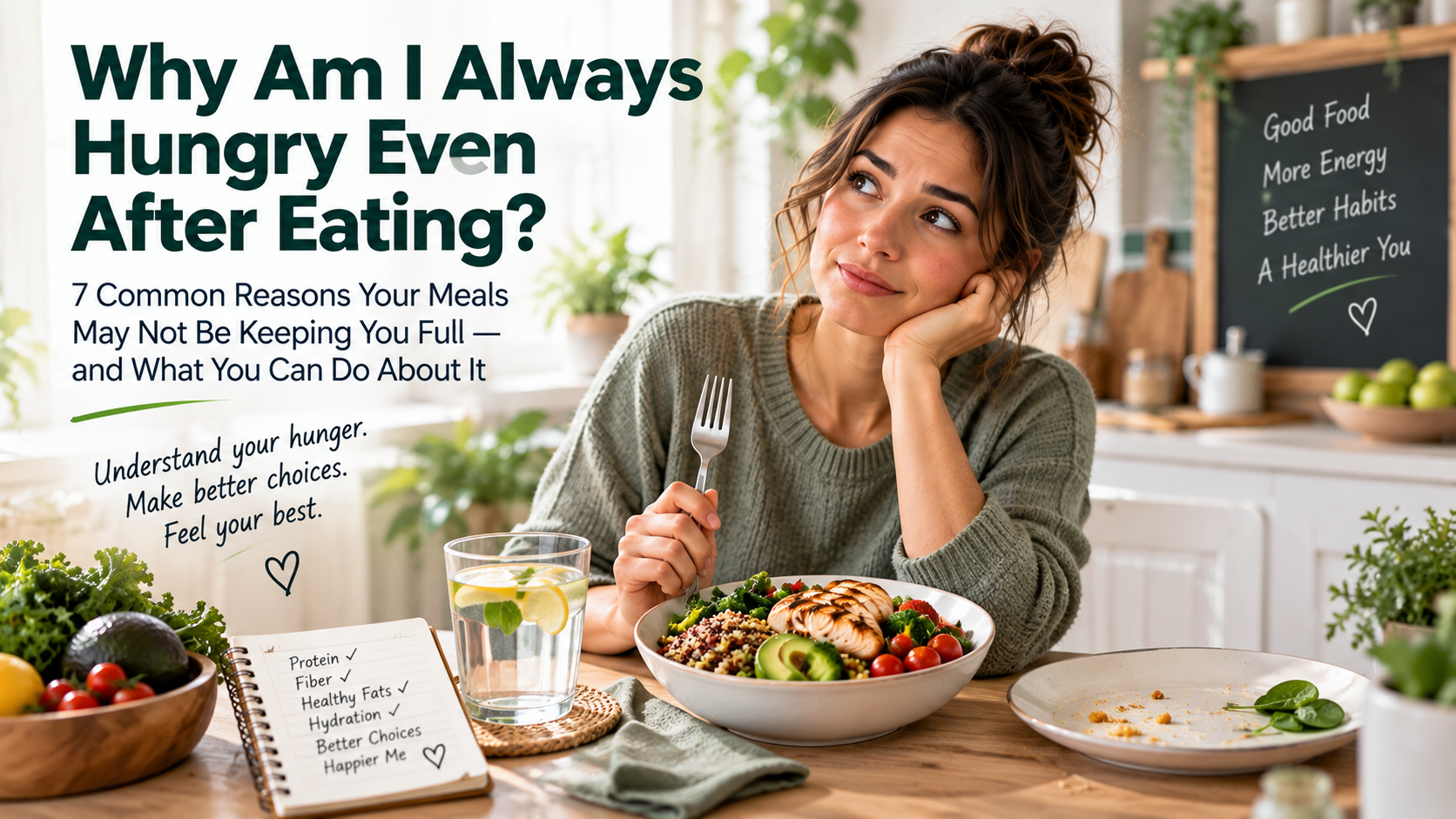 Woman looking at a balanced meal and wondering why she still feels hungry