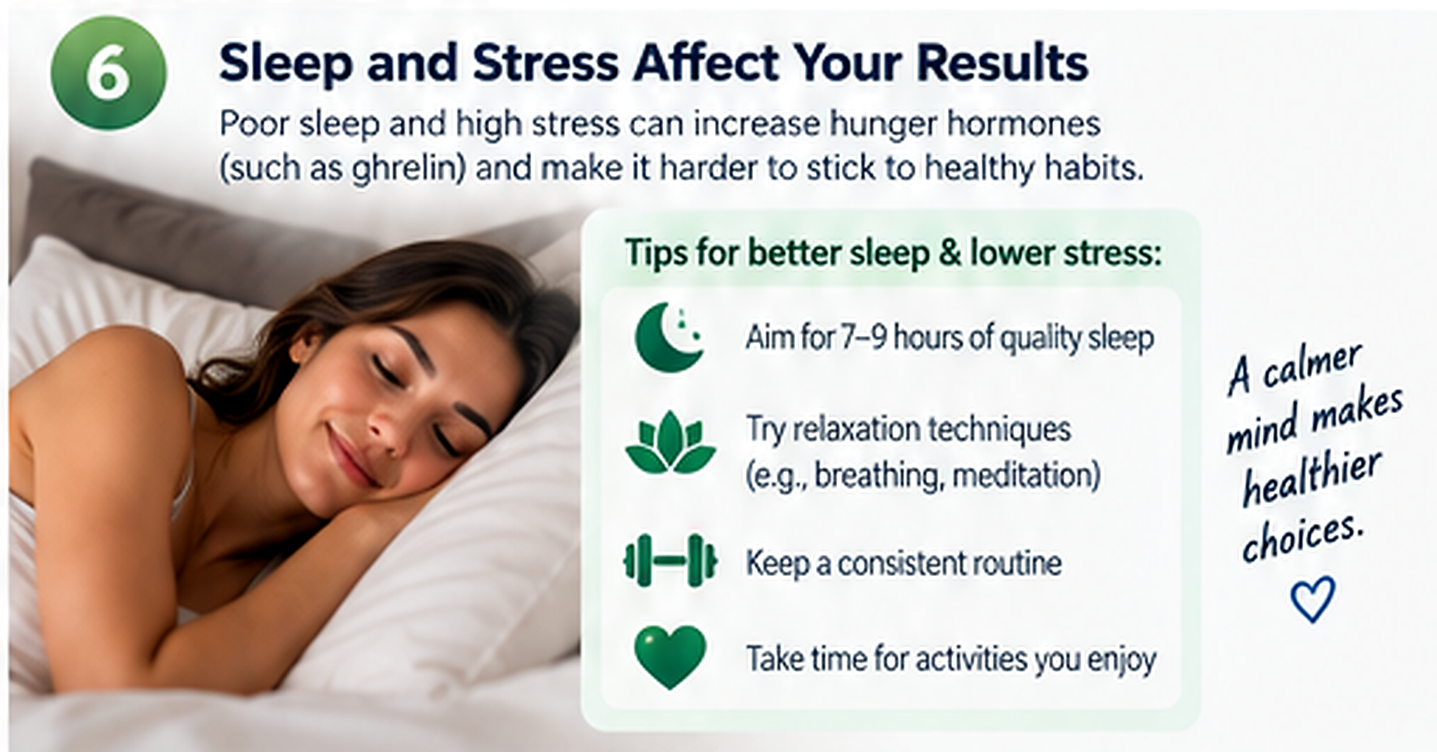 Sleep, stress, and weight-management habits Sleep and stress habits that can support weight-management consistency