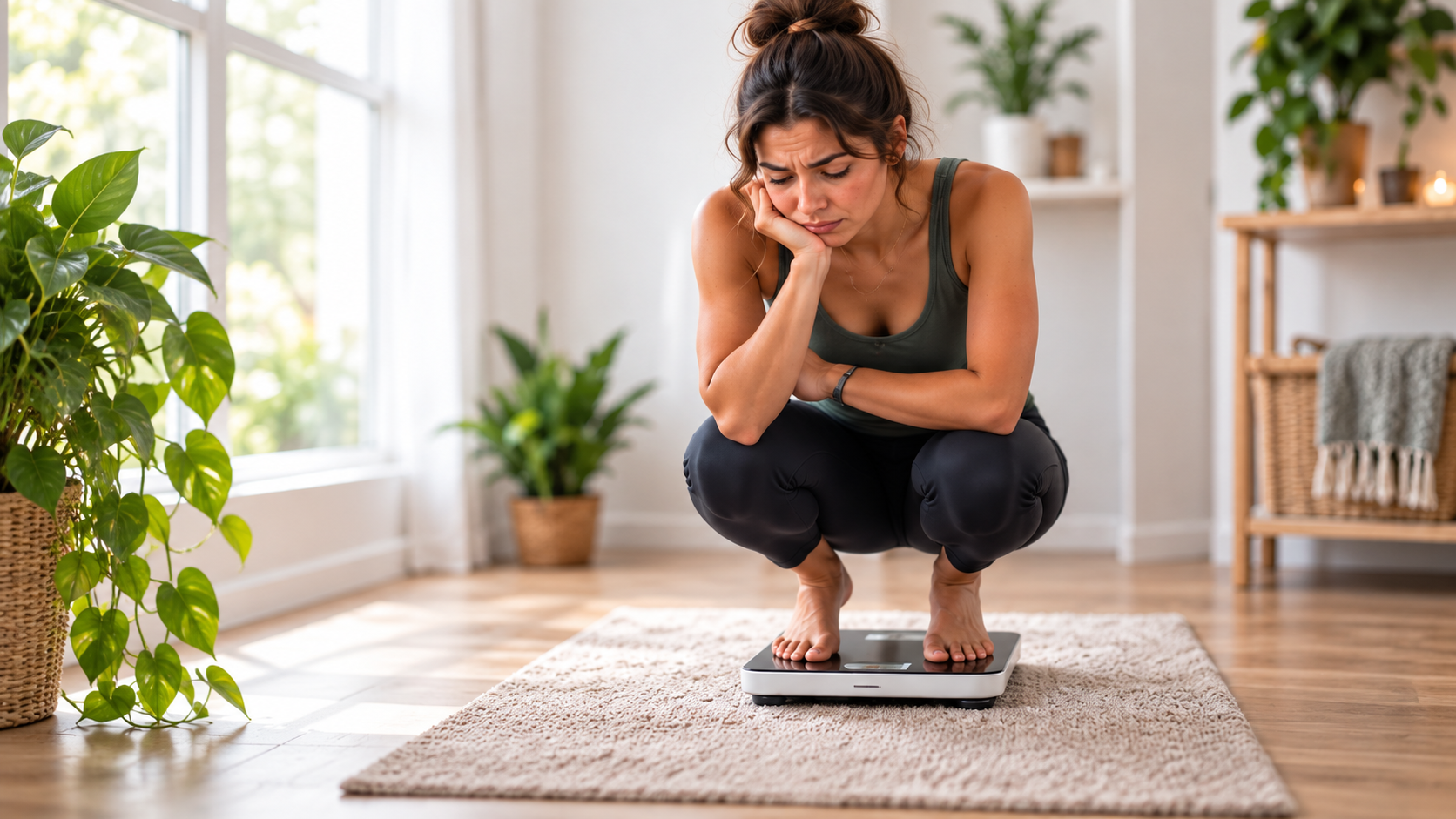 Woman thoughtfully checking her progress on a bathroom scale